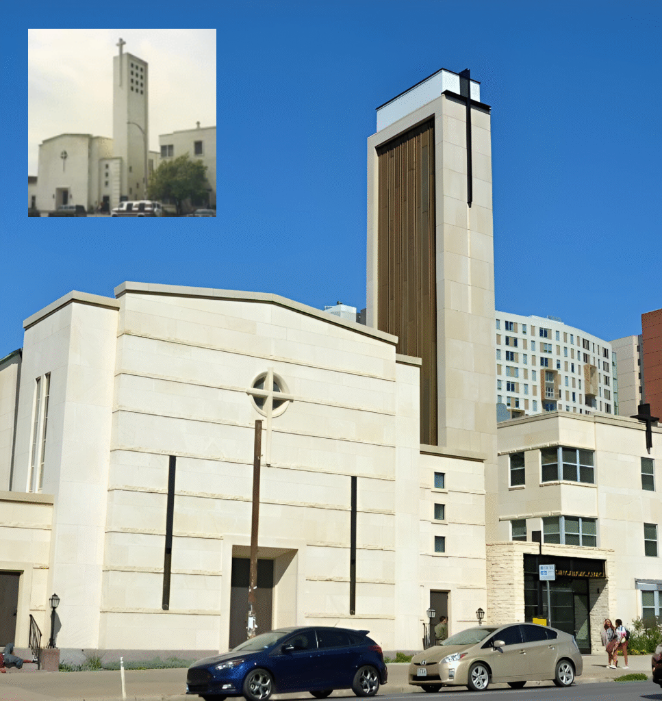 Limestone restoration of a church building, showcasing architectural transformation Limestone restoration of a church building, showcasing architectural transformation